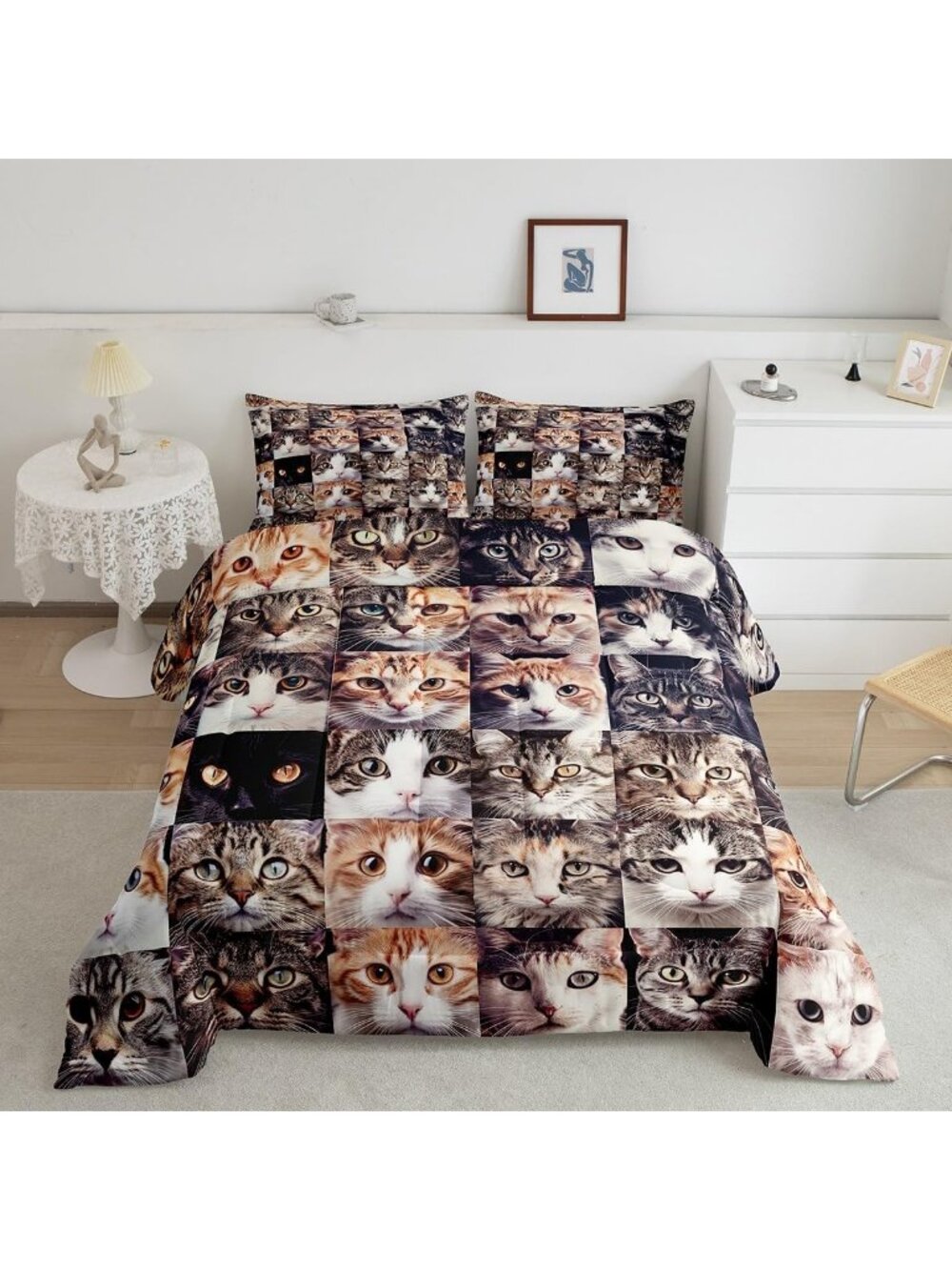 Cute Cartoon Cat Comforter Set for Kids - Toddler Bedding, Warm Quilt, 3 Pieces
